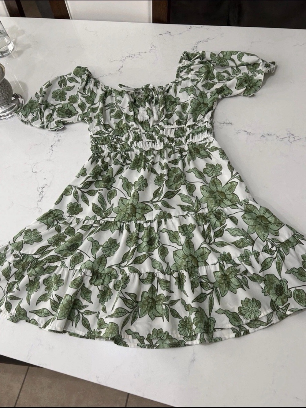 Floral Mini Dress Womens Large Green White Tiered Smocked Off Shoulder